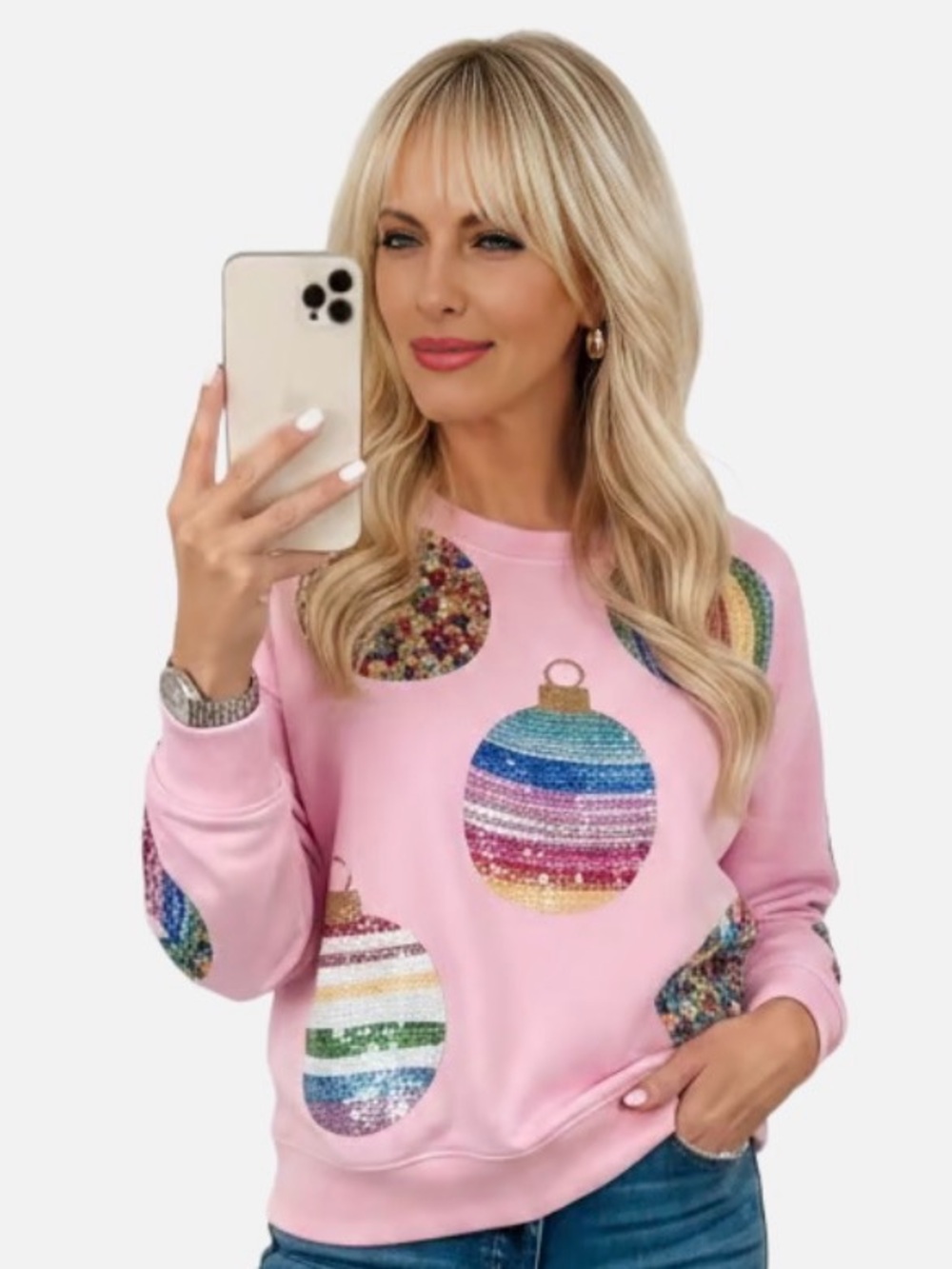 QUEEN OF SPARKLES Pink Sequin Ornament Sweatshirt (worn once)